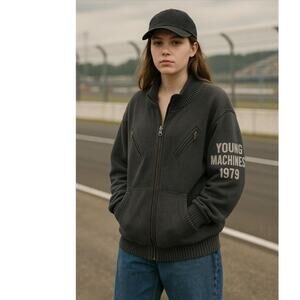 Young‎ Machines 1979 Dark Gray Black Zip Front Pockets Sweater Jacket Large